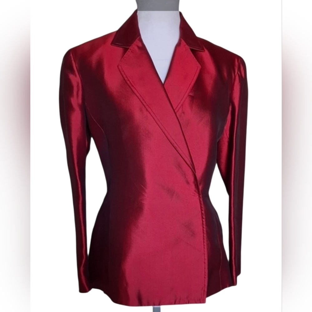 Etcetera Red Silk Taffeta Wrap Front Long Sleeve Blazer Jacket Women Size 4